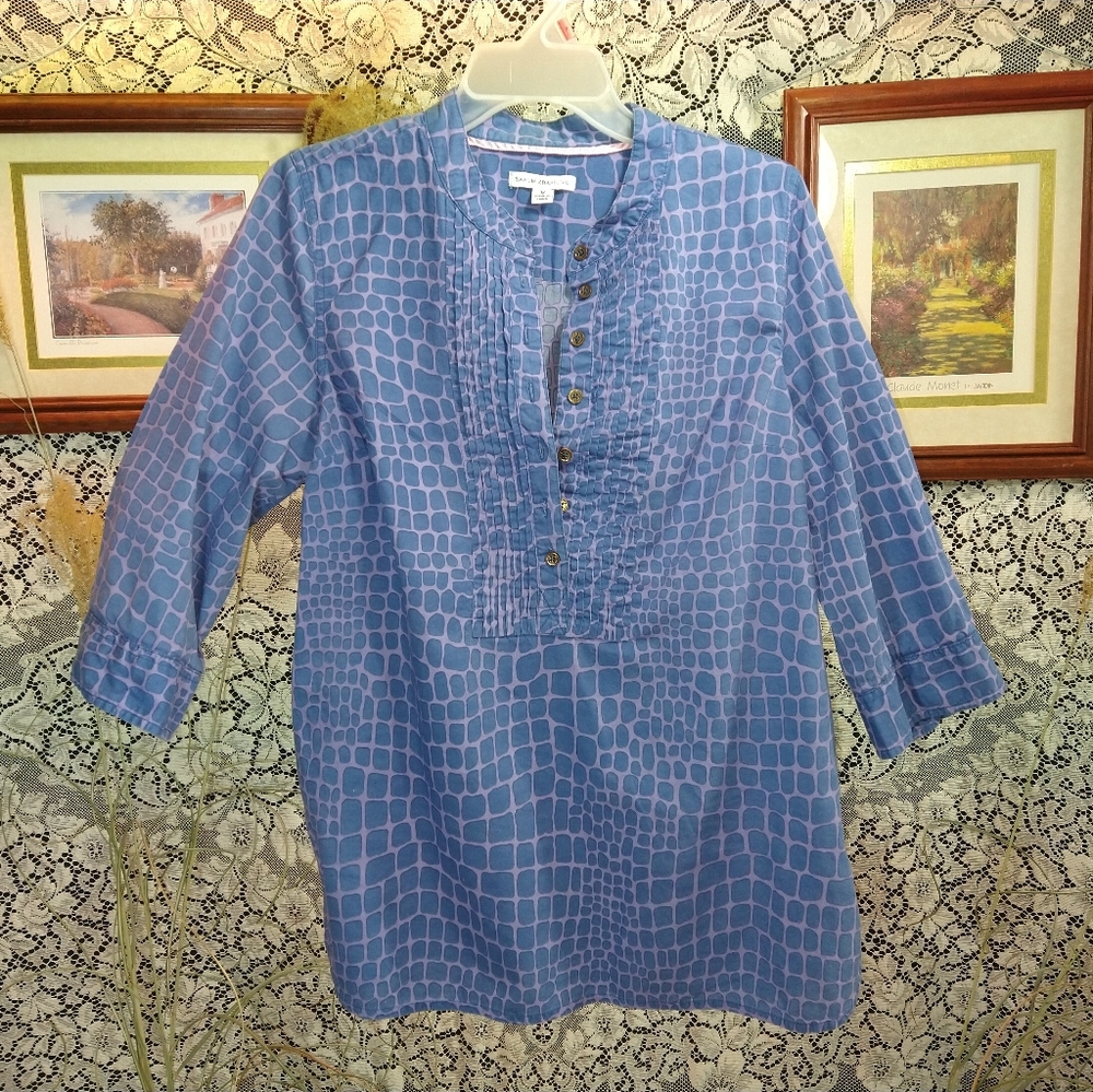 Isaac Mizrahi purple and blue tunic reptile animal print 3/4 sleeve button up